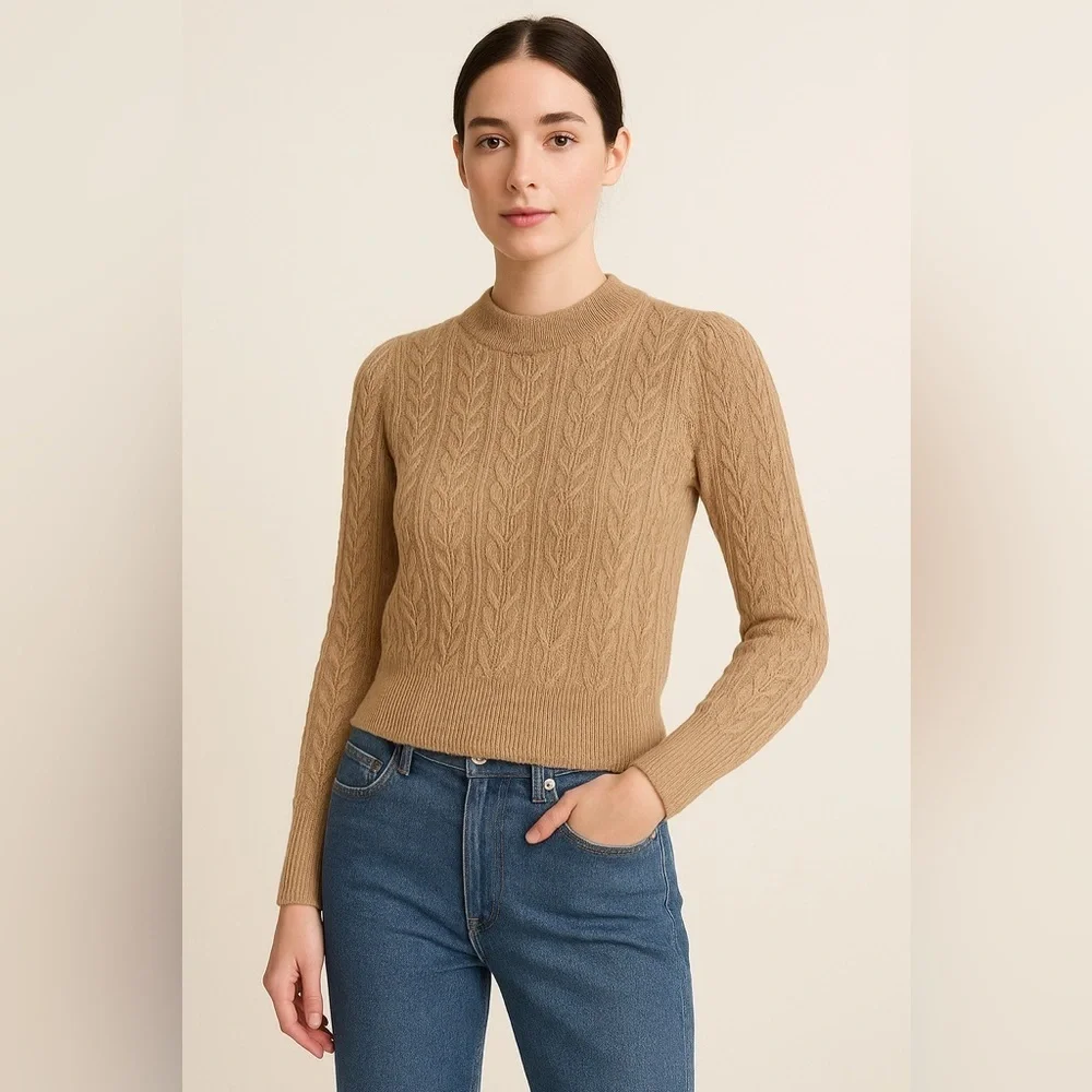 DemyLee X J. Crew Camel Cable Knit Wool Sweater Puff Sleeve Pullover XXS